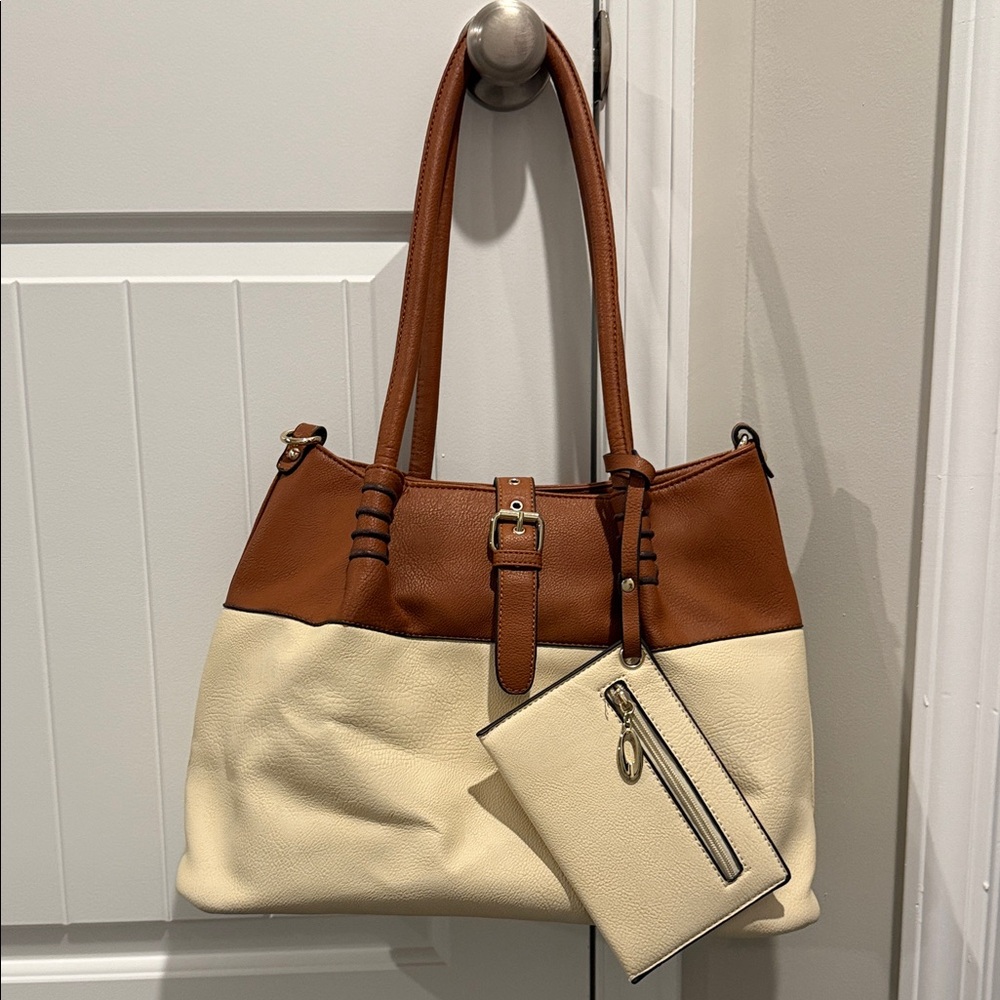 Brown and Cream Crossbody Tote Bag